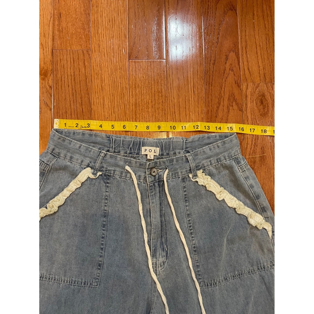 POL Wide Leg Pants Womens L Blue Cream Cotton Boho Ruffle Festival Cottagecore - Picture 8 of 13